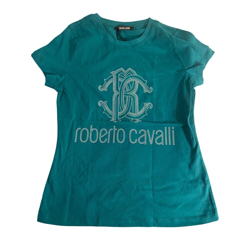 Roberto Cavalli Womens Logo Studded T-Shirt Size S Teal Blue Cotton